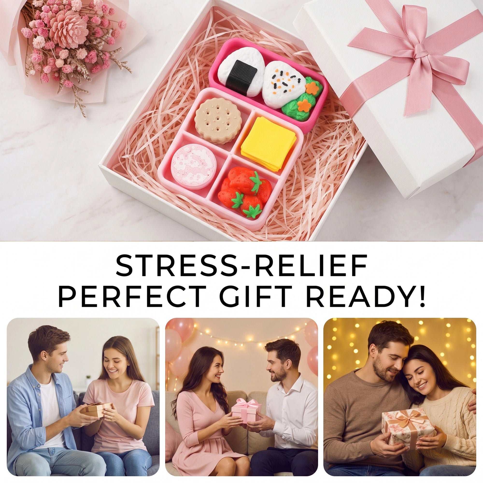 Pink bento clicker fidget toy displayed as a gift
